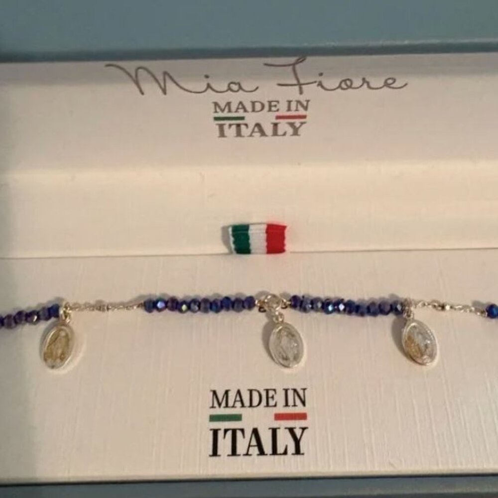 NWT Mia Fiore Sterling Silver& Blue Crystal Beads JesusChrist pendants Bracelet